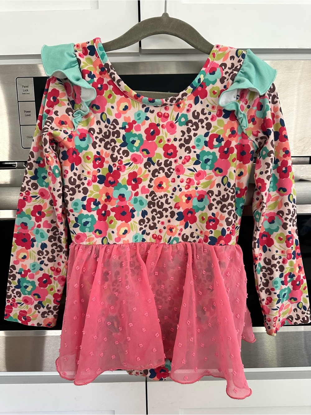 Cheeky Plum Girls Floral Leopard Print Peplum leotard with Pink Tulle Skirt 4T